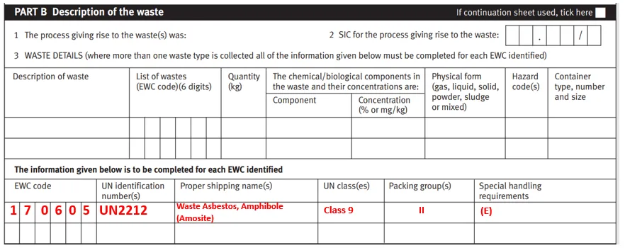 Form with "Description of the waste" section, listing asbestos waste details: EWC 170605, UN2212, Class 9, Packing Group II, special handling (E).