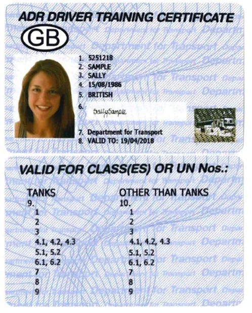 Example ADR License for UK Drivers of Dangerous Goods