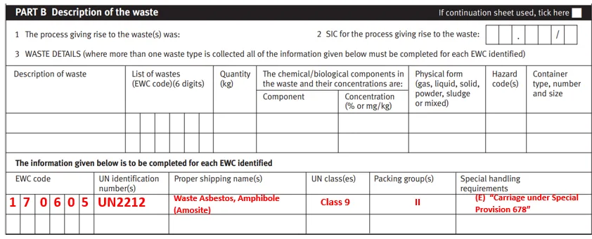 Form showing waste details with codes. Highlighted text: "Waste Asbestos, Amphibole (Amosite)," "Class 9," and "Carriage under Special Provision 678."