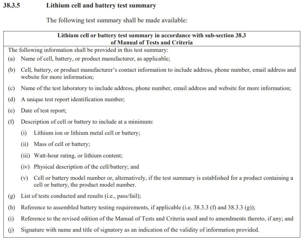 UN38.3 Lithium Battery Test Summary Requirements